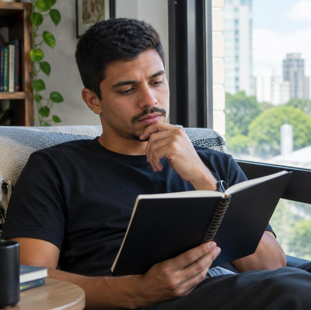 Jovem lendo um caderno de anotações perto de uma janela